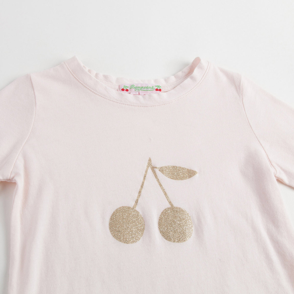 Girls Pale Pink Cotton Gold Cherry Trims T-Shirt