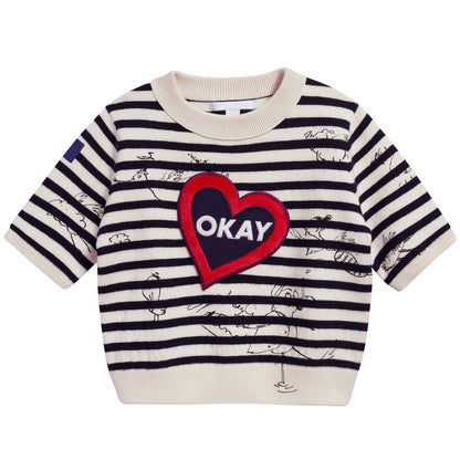 Girls Beige & Black Striped Cotton & Wool Sweater