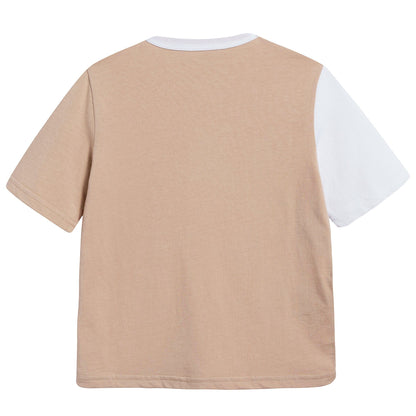 Girls White & Grayish Brown Cotton T-shirt