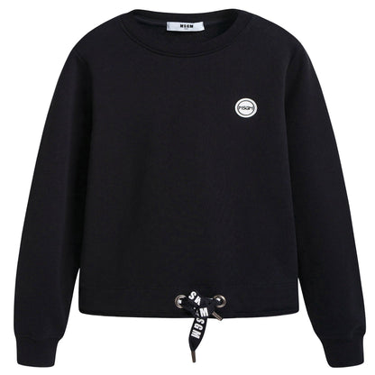Girls Black Cotton Sweatshirt With Ribbon Trim