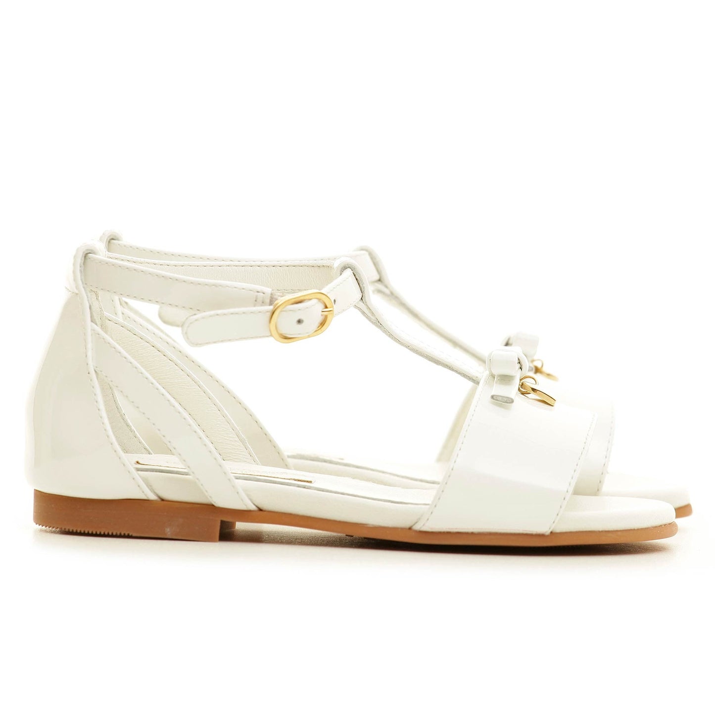 Girls Ivory Leateher Sandals With Gold Metal Heart Trims