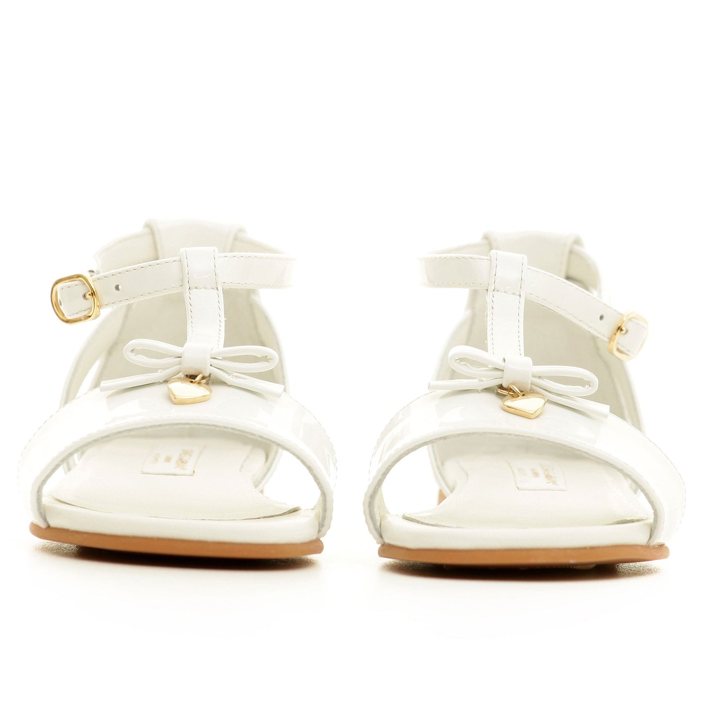 Girls Ivory Leateher Sandals With Gold Metal Heart Trims