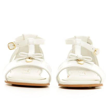 Girls Ivory Leateher Sandals With Gold Metal Heart Trims