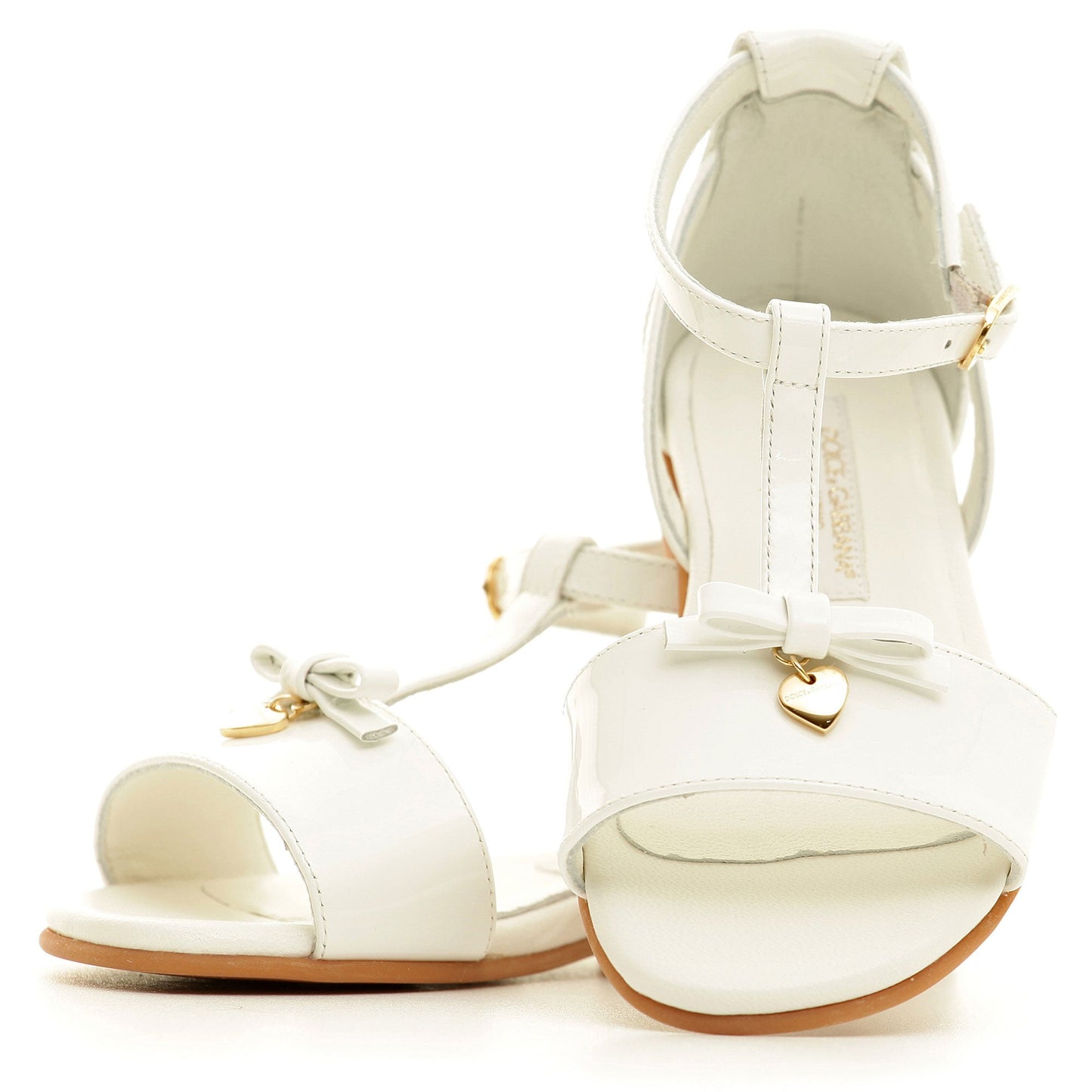 Girls Ivory Leateher Sandals With Gold Metal Heart Trims