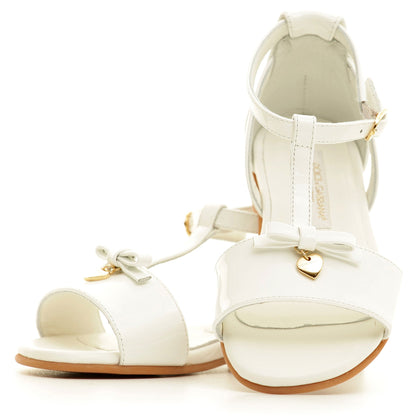 Girls Ivory Leateher Sandals With Gold Metal Heart Trims