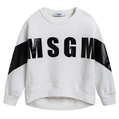 Girls White Cotton Sweatshirt With Black Logo