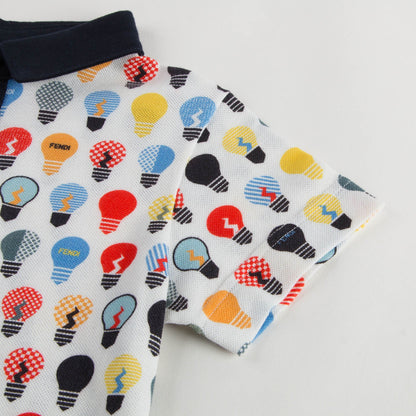 Boys Blue Polo Shirt With Multicolor Lightbulb Print