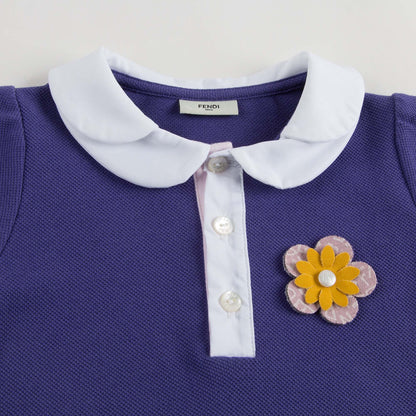 Baby Girls Purple Cotton Polo Shirt With Patch Flowers Trims