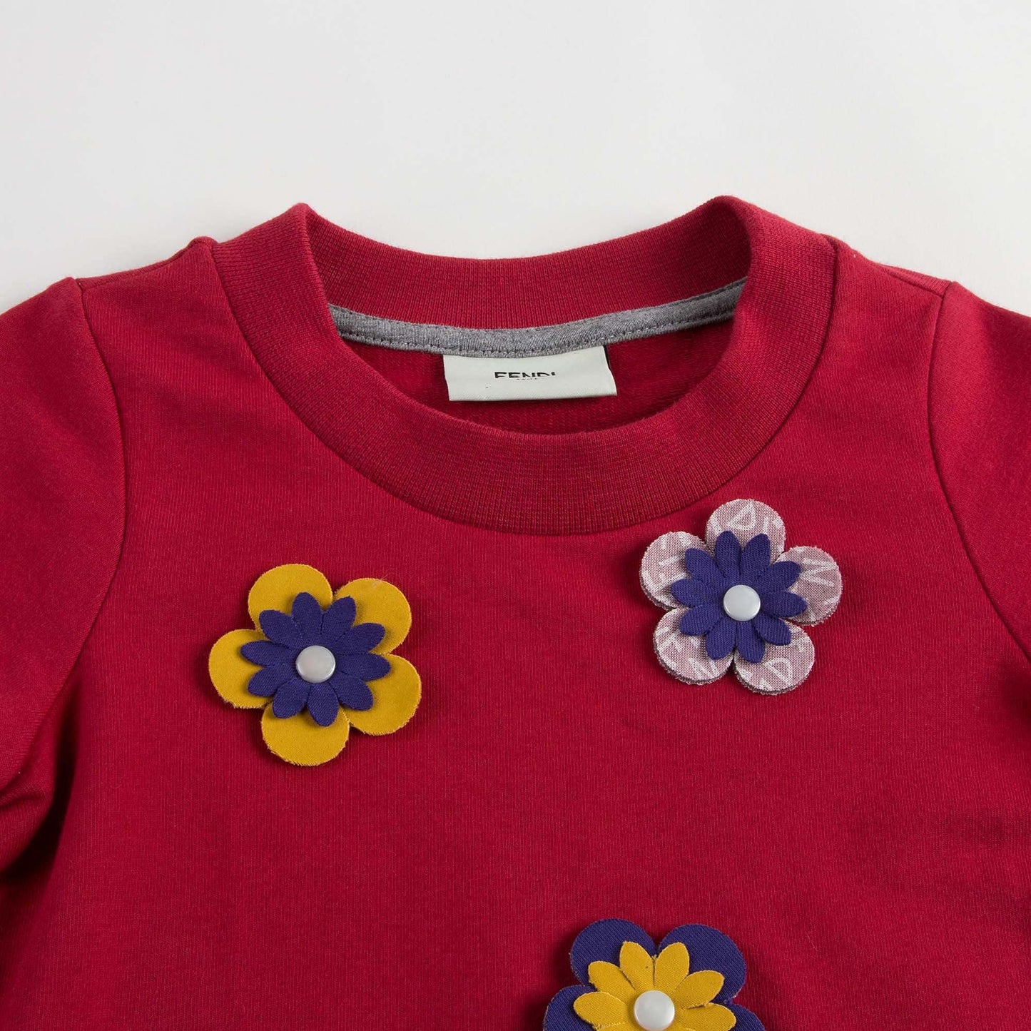 Girls Red Cotton Sweatshirt With Patch Flower Trims