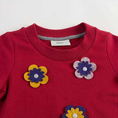 Girls Red Cotton Sweatshirt With Patch Flower Trims