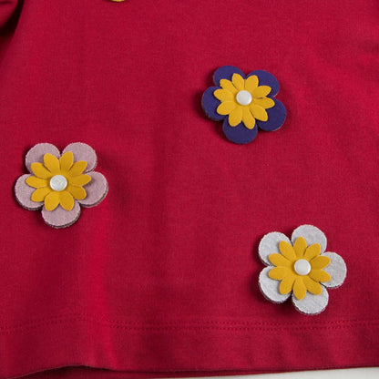 Girls Red Cotton Sweatshirt With Patch Flower Trims