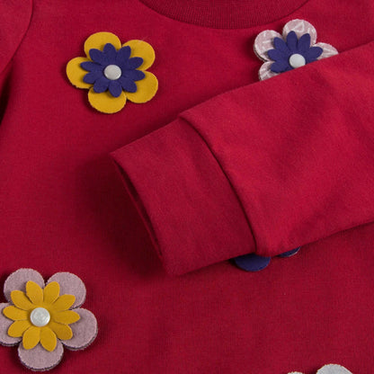 Girls Red Cotton Sweatshirt With Patch Flower Trims