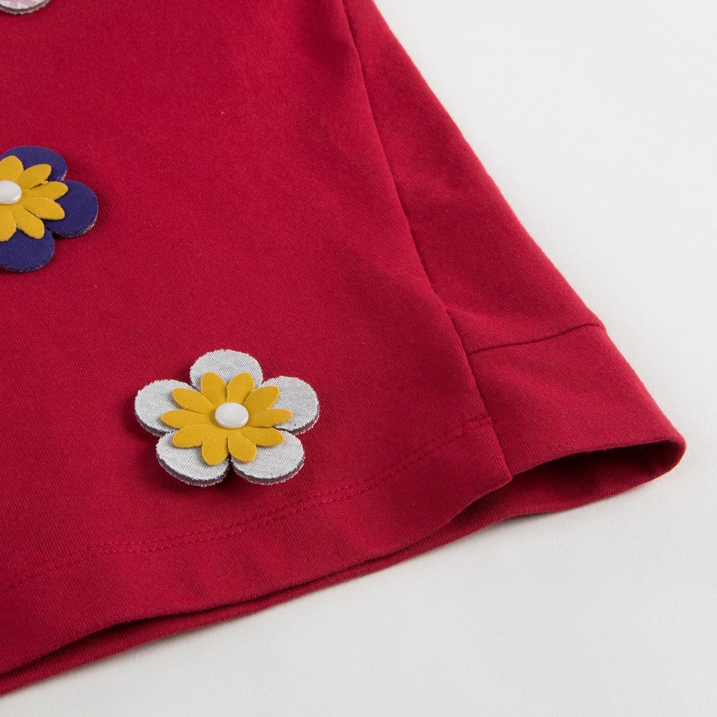 Girls Red Cotton Sweatshirt With Patch Flower Trims