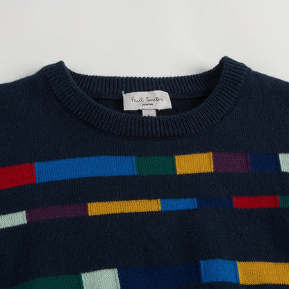Boys Dark Blue Cotton Knitted Sweater With Multicolor Print