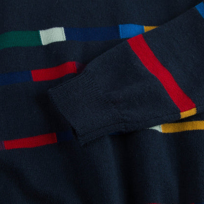 Boys Dark Blue Cotton Knitted Sweater With Multicolor Print