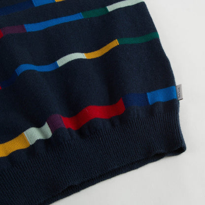 Boys Dark Blue Cotton Knitted Sweater With Multicolor Print