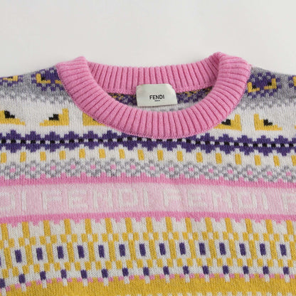 Girls Light Grey Knitted Dress With Multicolor Pattern Trims