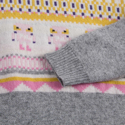 Girls Light Grey Knitted Dress With Multicolor Pattern Trims