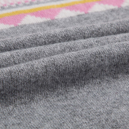 Girls Light Grey Knitted Dress With Multicolor Pattern Trims