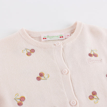 女婴浅粉色樱桃刺绣棉开衫