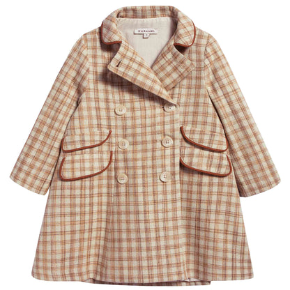 Girls Beige Check Cotton Woven Coat