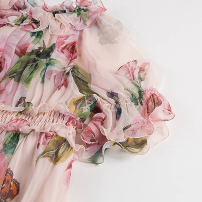 Girls Pink Rose Silk Chiffon Dress