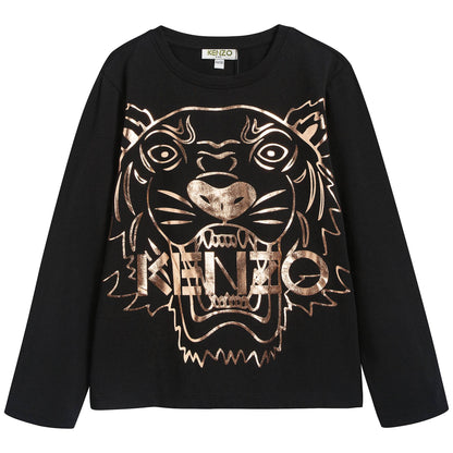 Girls Black Tiger Printed Cotton T-shirt