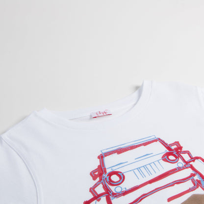 Boys White  "Cherry  Car"  Cotton  T-shirt