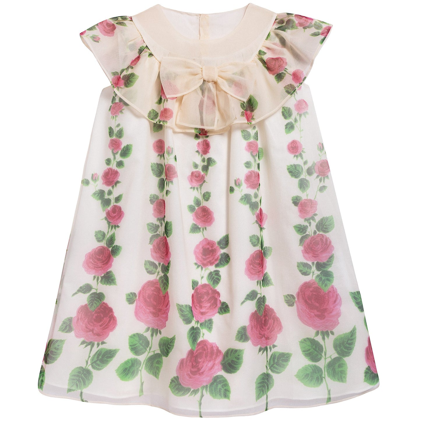Girls Ivory & Pink Printed Silk Dress