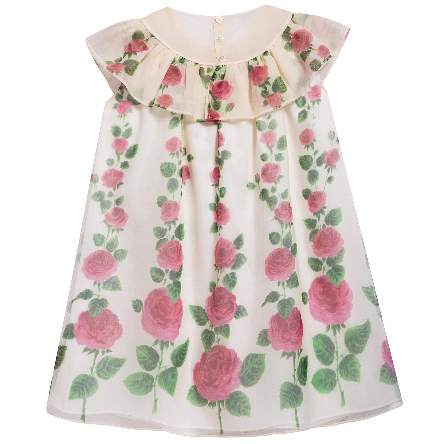 Girls Ivory & Pink Printed Silk Dress