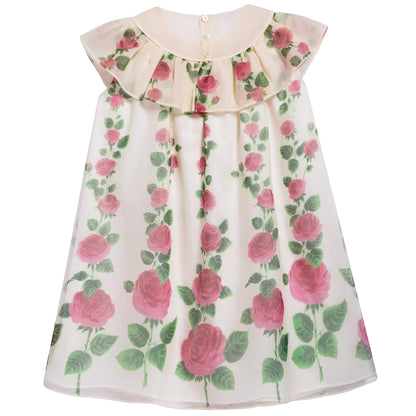 Girls Ivory & Pink Printed Silk Dress