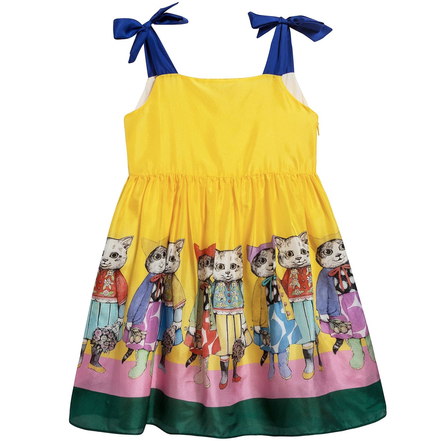 Girls Yellow & Blue Silk Cat Print Dress