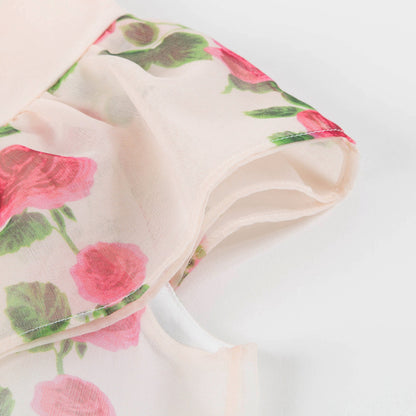 Girls Ivory & Pink Printed Silk Dress
