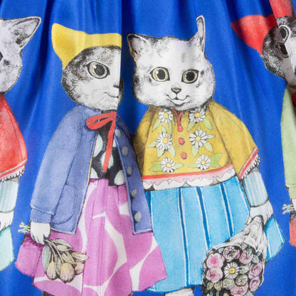 Girls Blue Silk Cat Print Dress