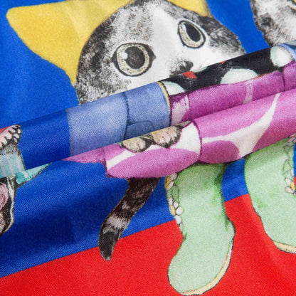 Girls Blue Silk Cat Print Dress