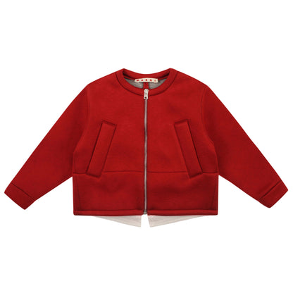Girls Brick Red Cotton Collarless Jacket