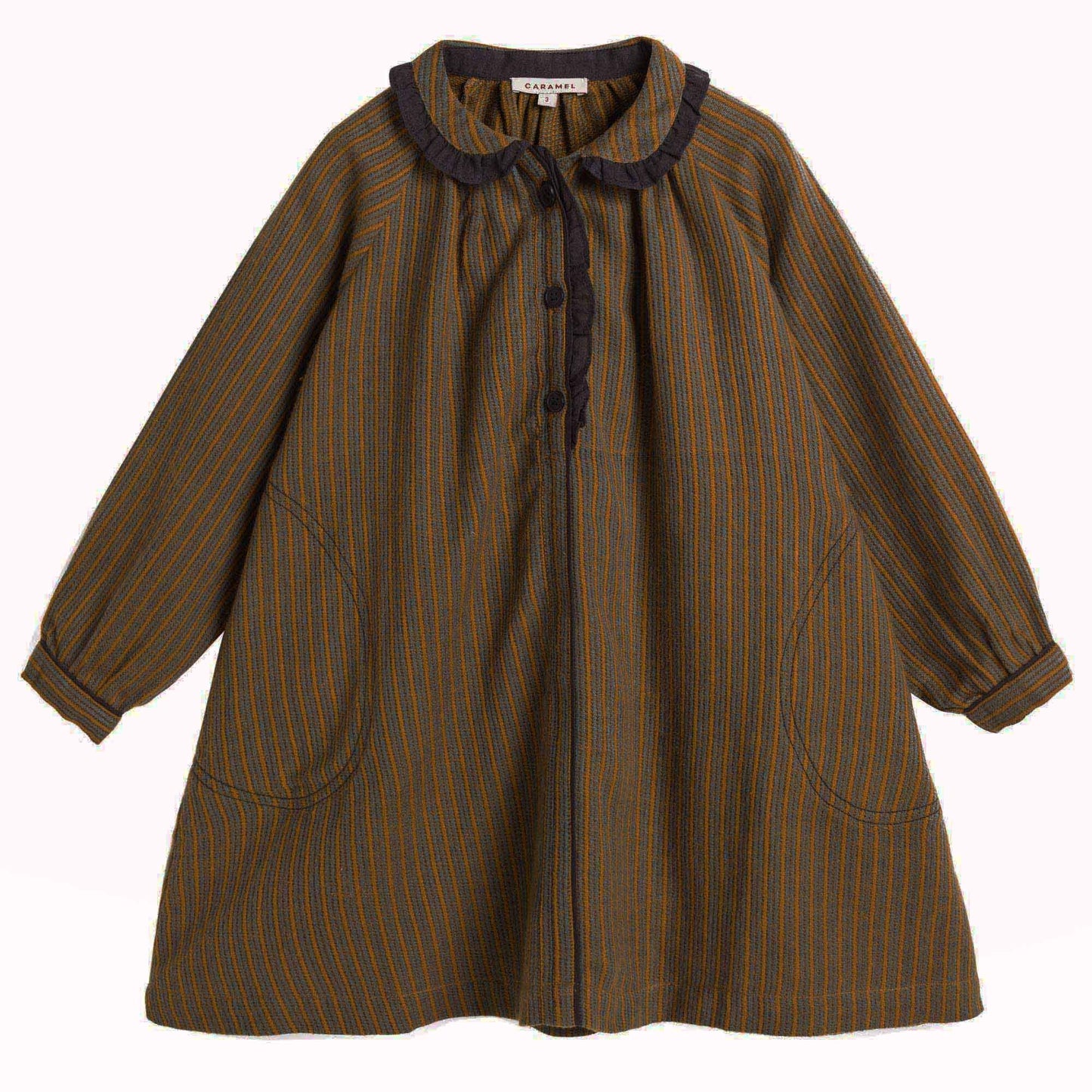 Girls Beige Mustard Striped Cotton Woven Dress