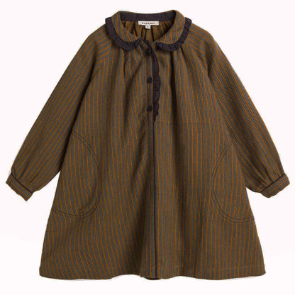 Girls Beige Mustard Striped Cotton Woven Dress