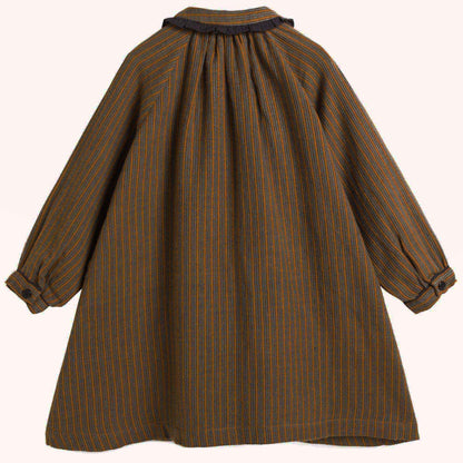 Girls Beige Mustard Striped Cotton Woven Dress