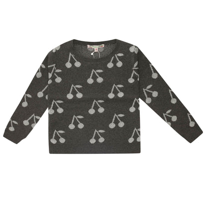 Girls Dark Grey Knitted Cotton Sweater With Silver Cherry Trims