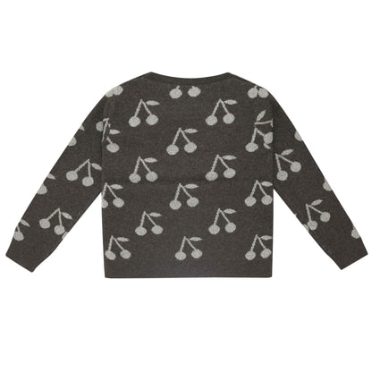Girls Dark Grey Knitted Cotton Sweater With Silver Cherry Trims