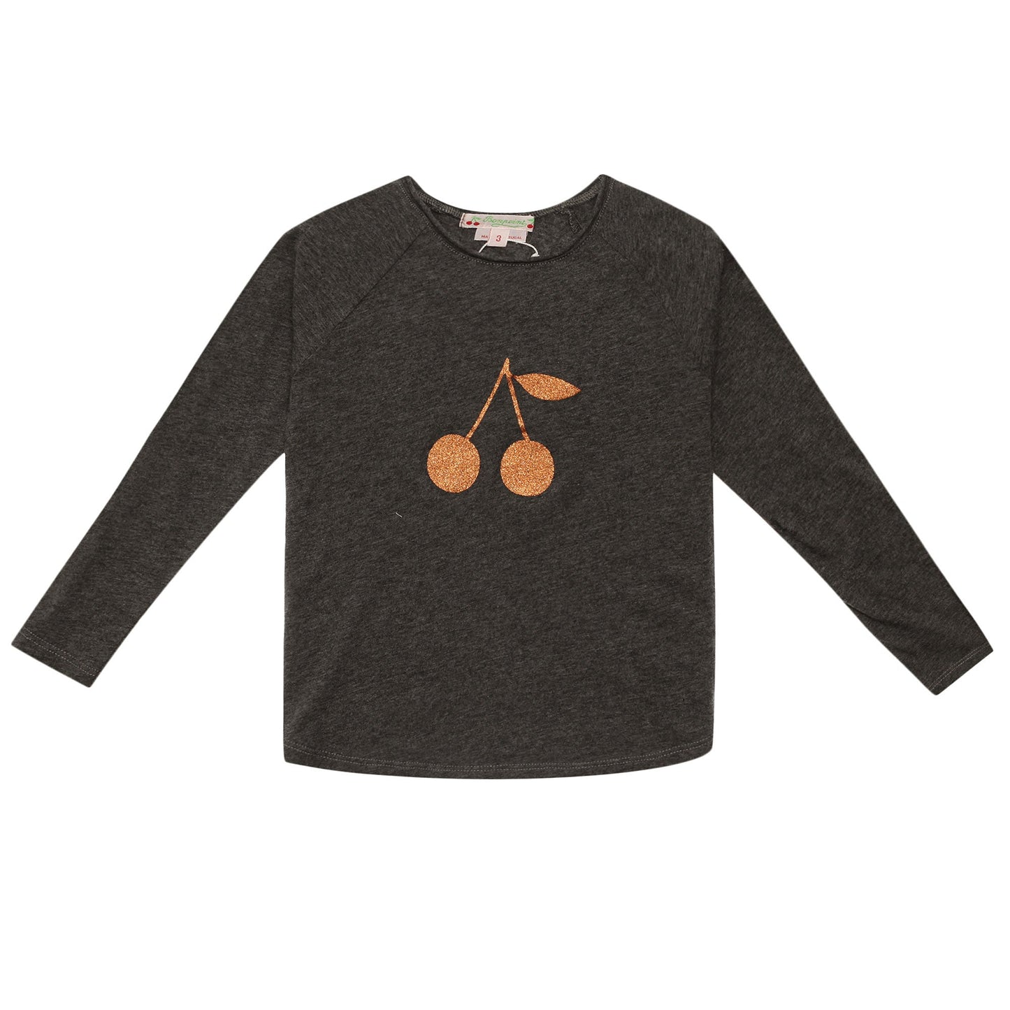 Girls Dark Grey Cotton Gold Cherry Trims T-Shirt