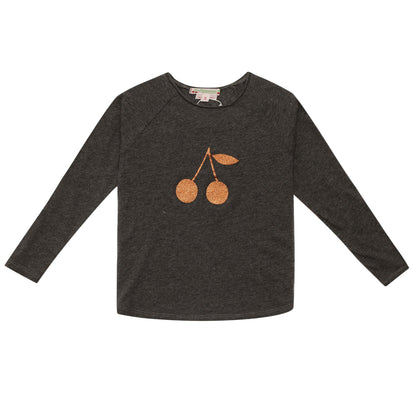 Girls Dark Grey Cotton Gold Cherry Trims T-Shirt