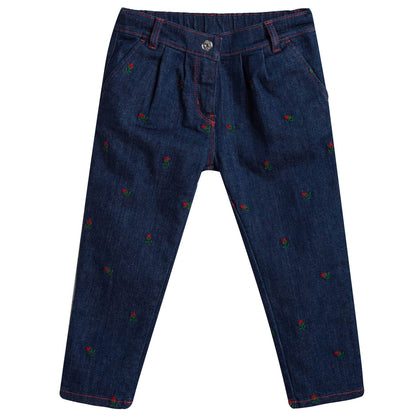 Baby Girls Blue Denim Jeans With Red Embroidered Flower Trims