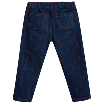 Baby Girls Blue Denim Jeans With Red Embroidered Flower Trims