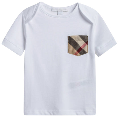 Baby White Cotton T-shirt With Check Pocket