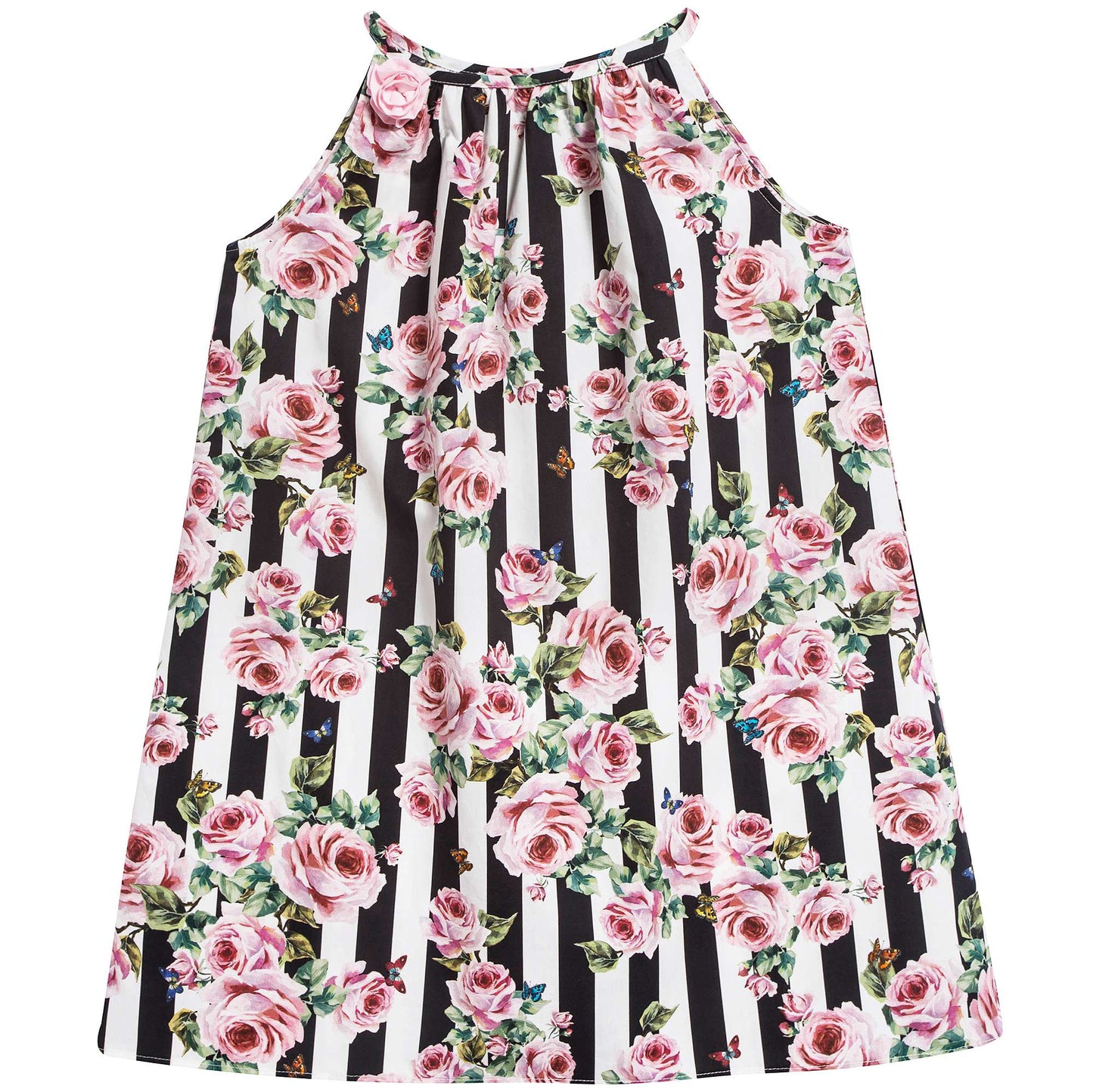 Girls  Pink  &   Black  Striped   Rose  Cotton  Dress