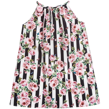 Girls  Pink  &   Black  Striped   Rose  Cotton  Dress