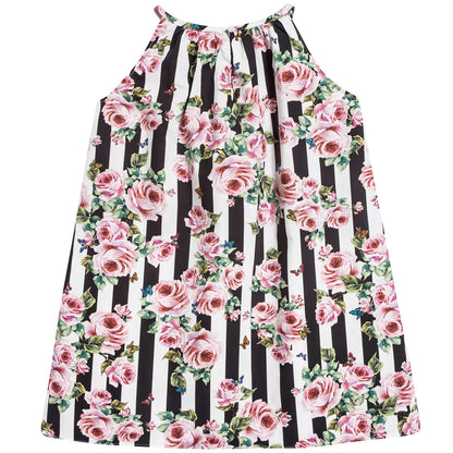 Girls  Pink  &   Black  Striped   Rose  Cotton  Dress