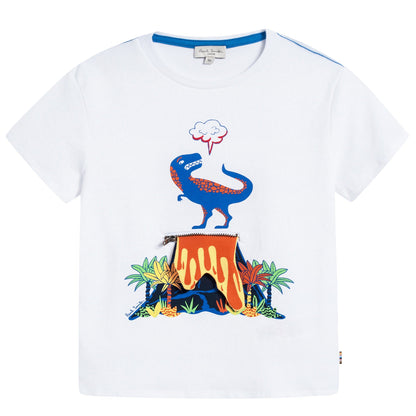 Boys White Dinosaur Printed Cotton T-shirt